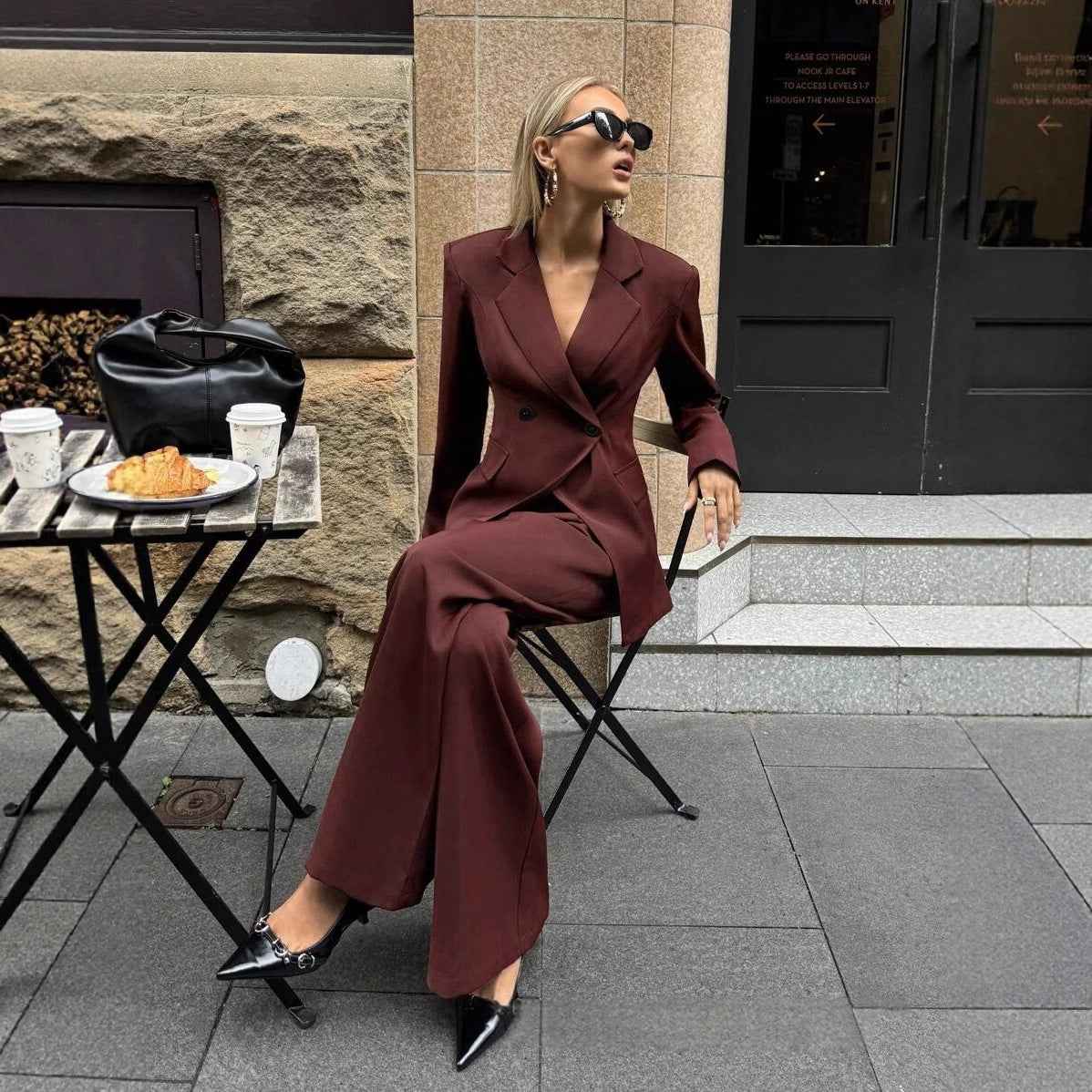 Reddish Brown Solid Colour Wide-Leg Pants Suit Two-Piece Set
