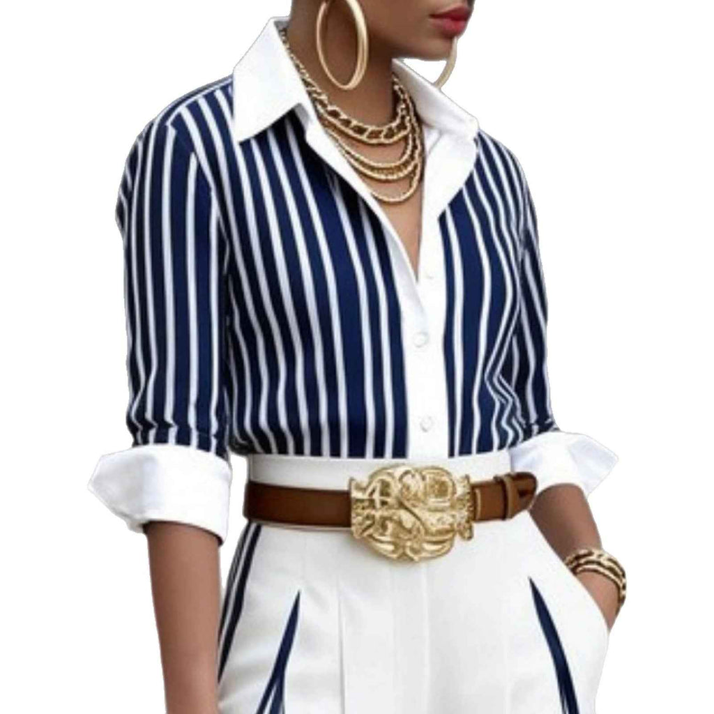 Women's Striped Contrast-Colour Lapel Shirt – Long Sleeve Cardigan