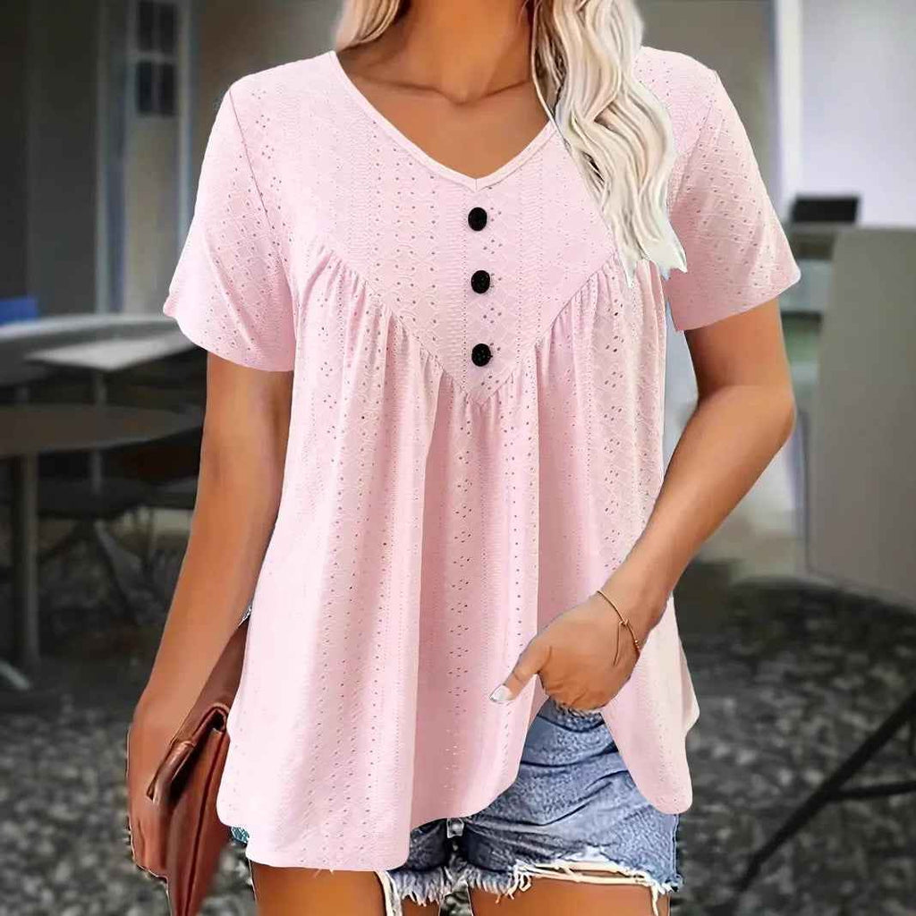 V-Neck Jacquard Button Top