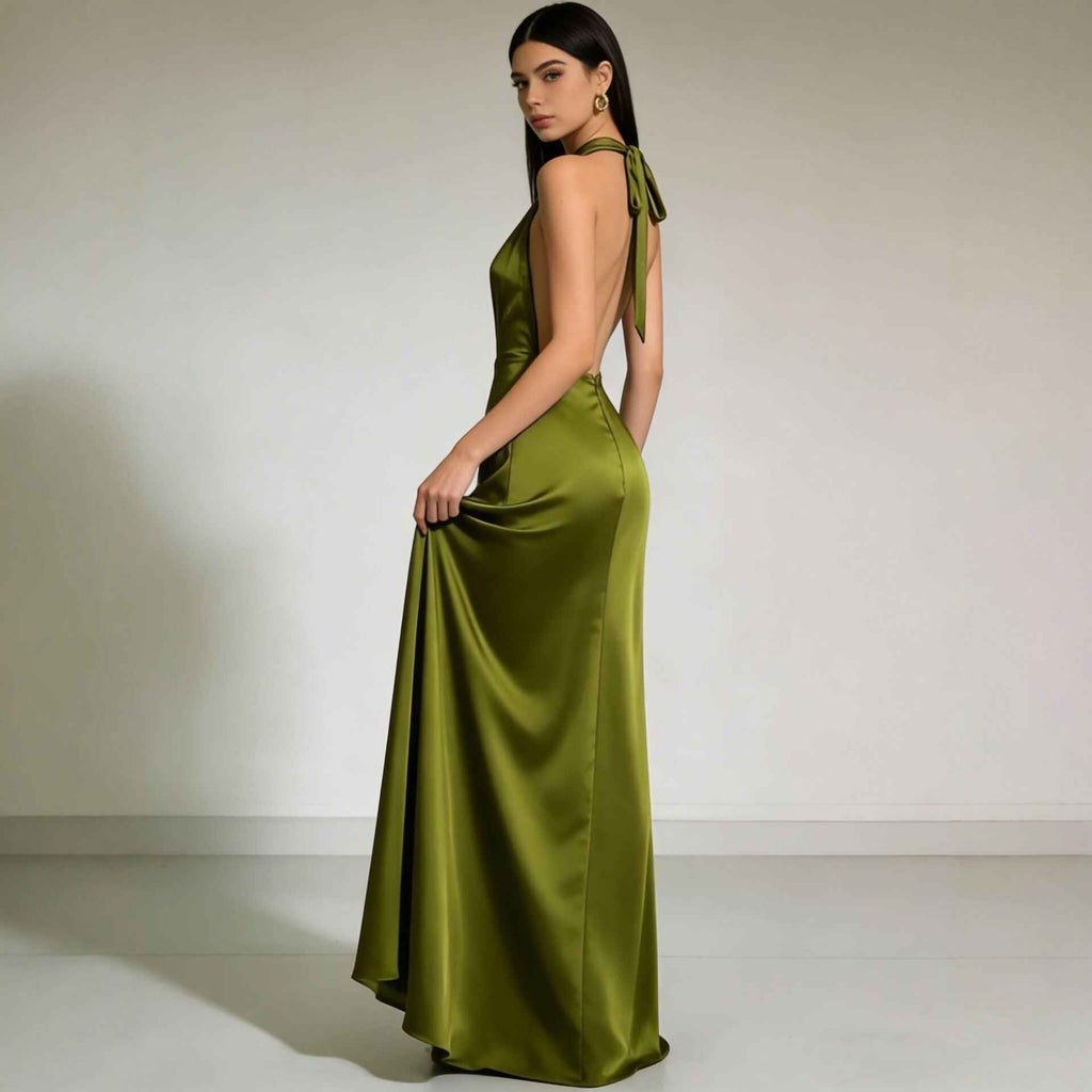 Summer Slip-neck Backless Satin Evening Gown Dress