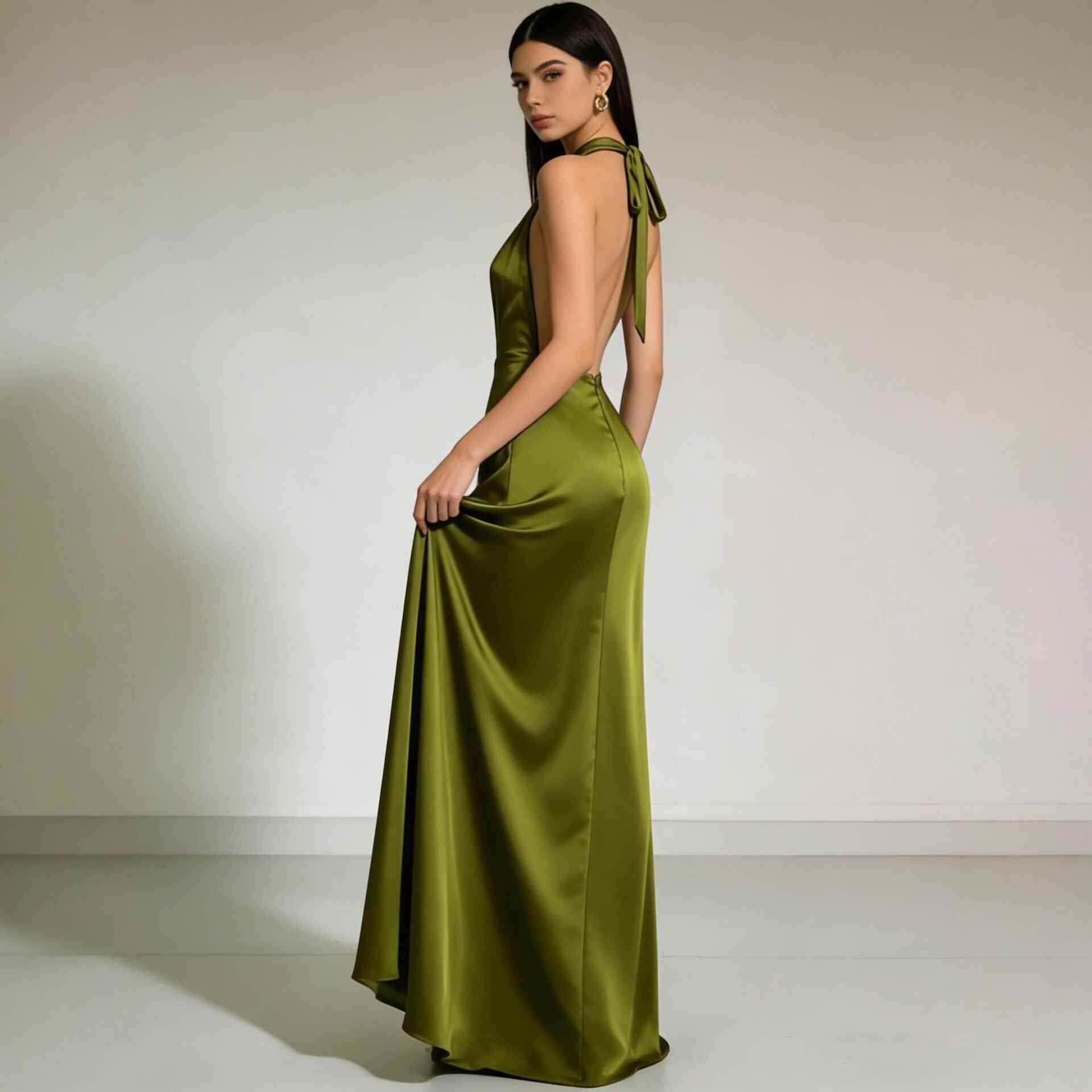 Summer Slip-neck Backless Satin Evening Gown Dress