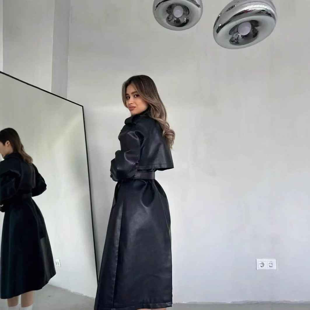 Faux Leather Long Bomber Jacket — 3D Pattern, Loose Fit, British Style