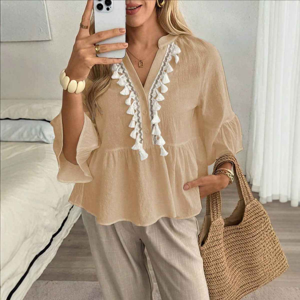 V-Neck Blouse with Button Detail & Tassel Tie – Relaxed Fit