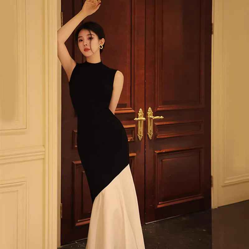 New Black Womens Summer Sleeveless Spliced Slim-fit Elegant Fish-tail Knit Maxi Dress