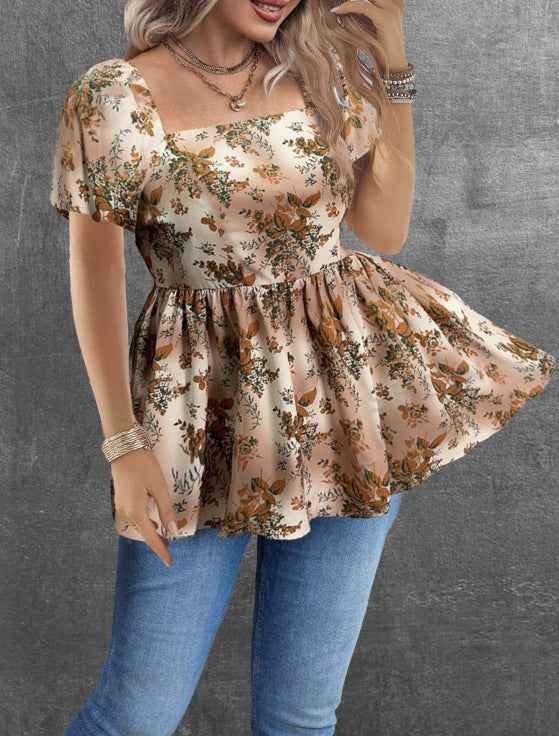 Womens Casual Short Square-neck Floral Top