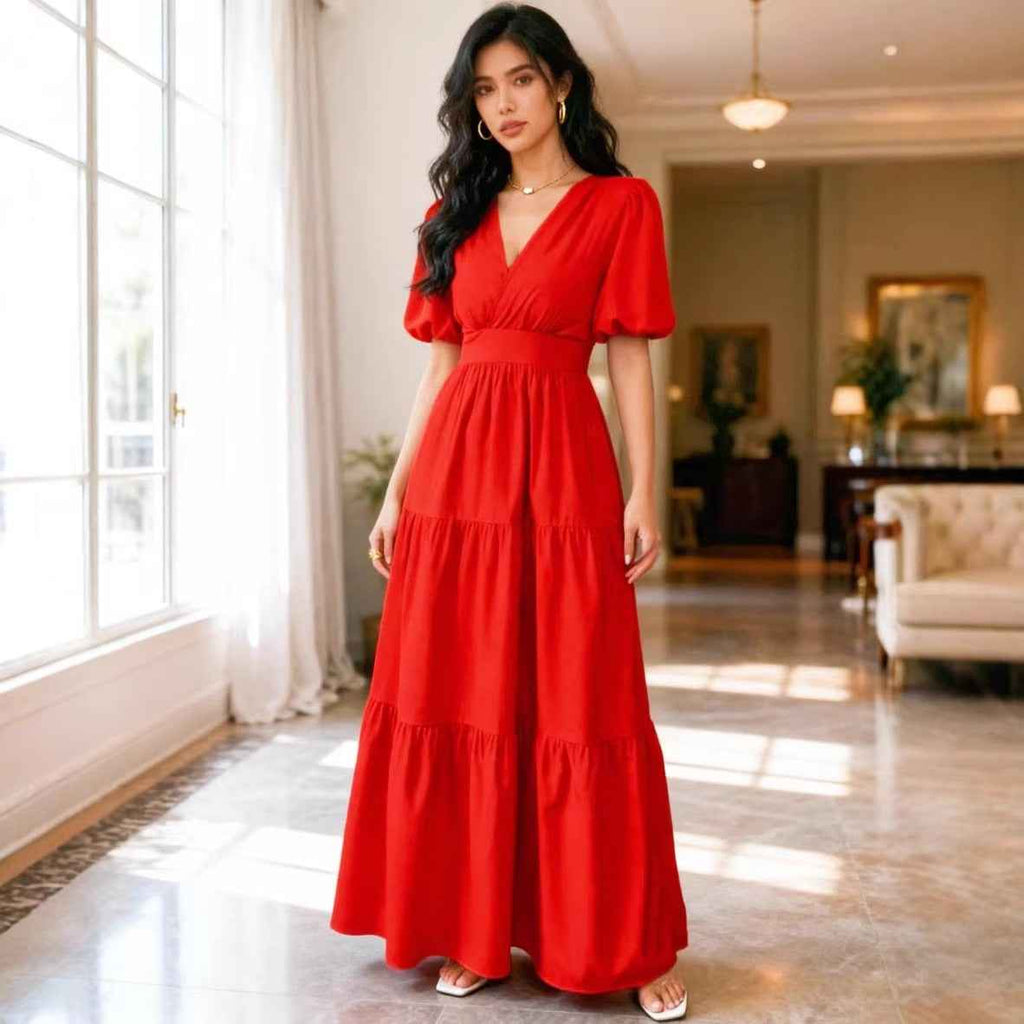 Solid-color Short-sleeve High-waisted Long Dress For Women
