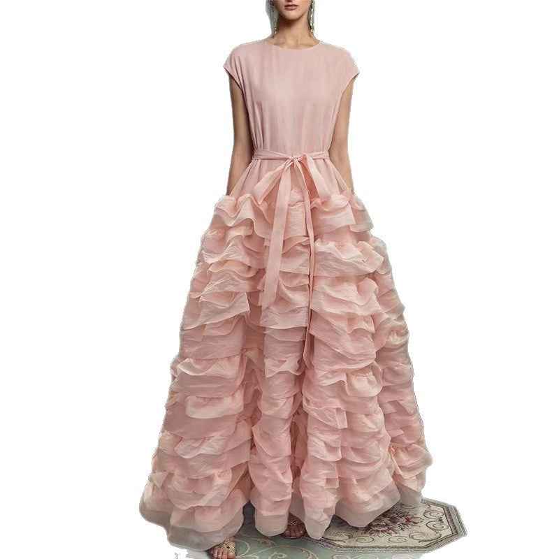 A-Line Floor-Length Multi-Layer Ruffle Colour-Block Maxi Dress