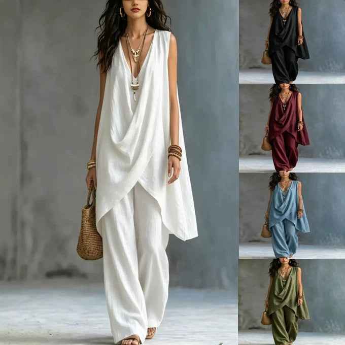 Cotton-Linen Pleated Sleeveless Cardigan & Trousers Artistic Resort Two-Piece Set