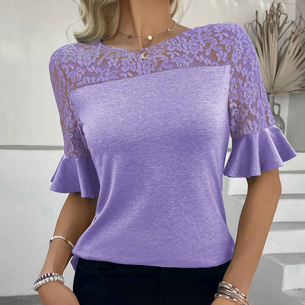 Women's Knitted Lace Hollow-Out Top – Round Neck Ruffle Sleeve