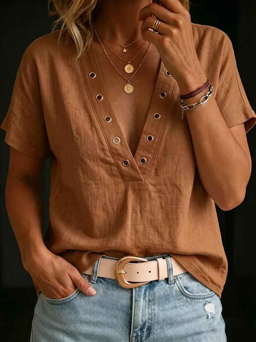 V-Neck Slub Linen Short-Sleeve Shirt — 5 Colours