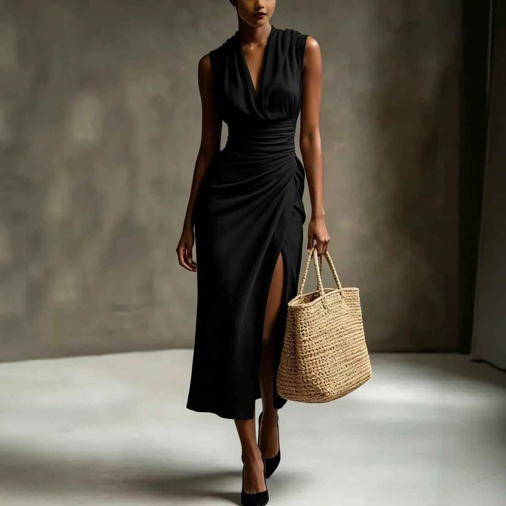 Sleeveless High-Waist Pleated Ruched Backless Slit Cotton-Linen Maxi Dress