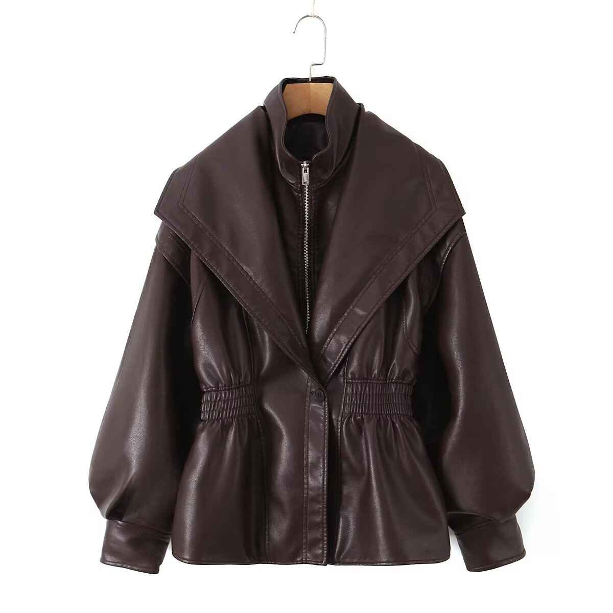 Faux Leather Biker Jacket with Turn-Down Collar