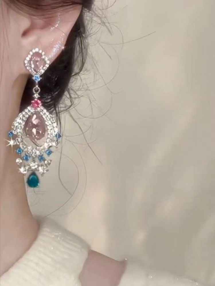 Heavy Craft Rhinestone Inlaid Teardrop Zircon Earrings, Vintage Light Luxury Style Women's Ear Jewelry