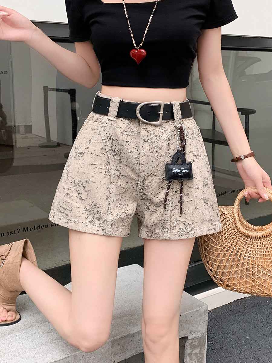 High-Waisted Acid Wash Denim Shorts with Belt – Marbled Straight Leg
