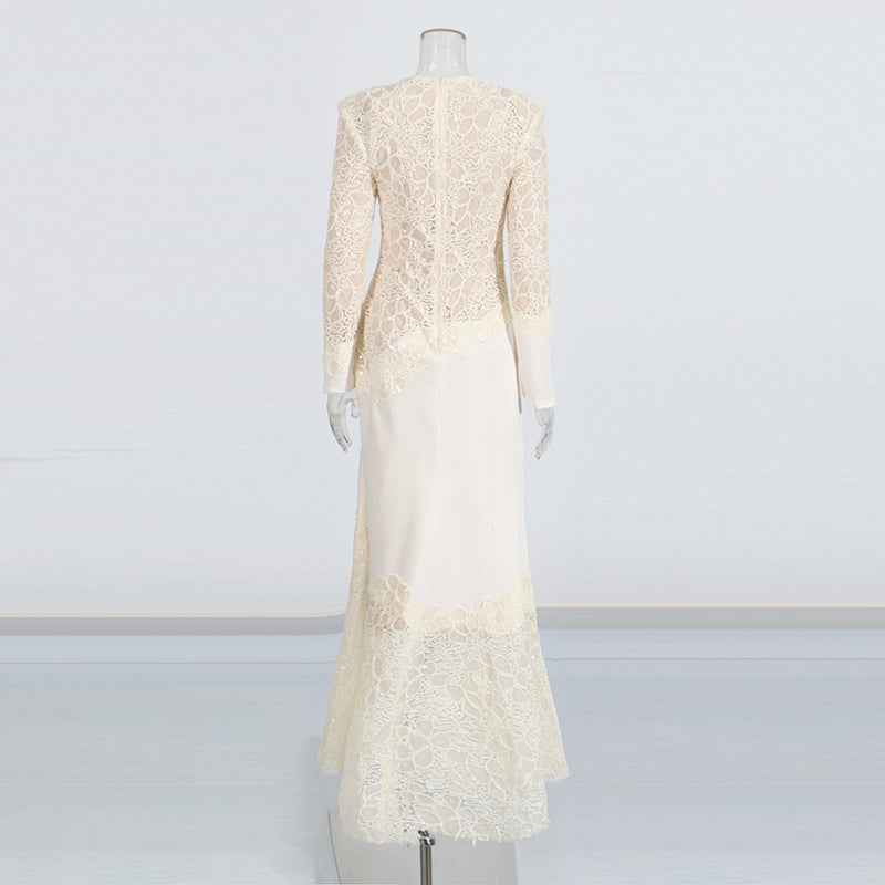 High-Waist Long-Sleeve Lace Embroidered Patchwork Bodycon Formal Maxi Gown