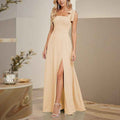 Square Neck Bow Shoulder Slit Maxi Evening Gown