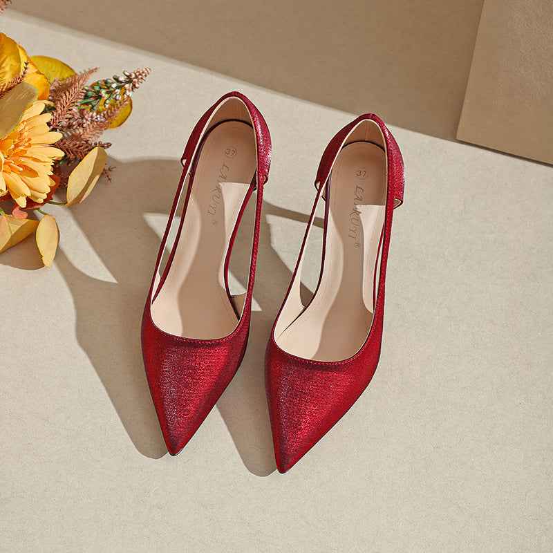 Satin Pointed-Toe Stiletto Heels – Hollow-Out Low-Cut Design