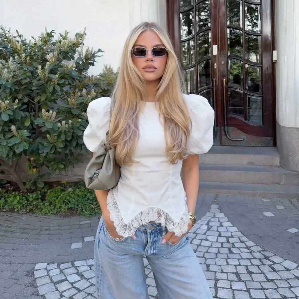 Women's White Lace Puff-Sleeve Blouse — Fitted Waist & Appliqué Detail