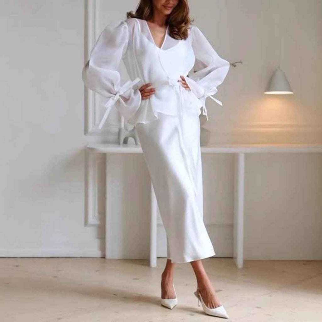 Womens Casual Lace-Up Shirt And Satin Dress Set