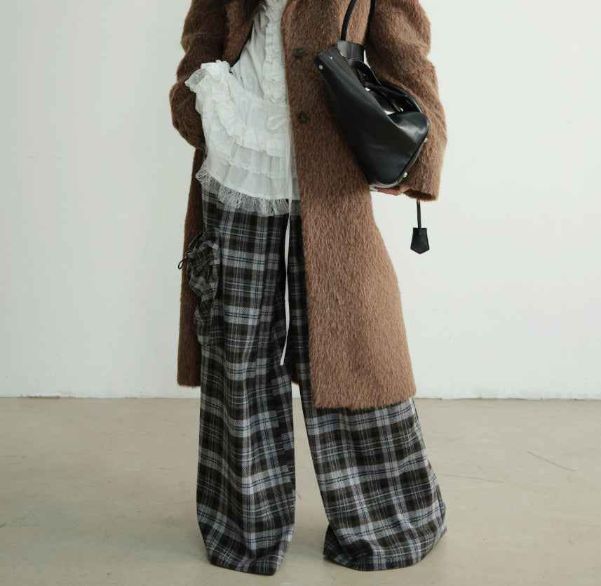 Women's Plaid Wide-Leg Trousers — Double Waistband & 3D Pockets