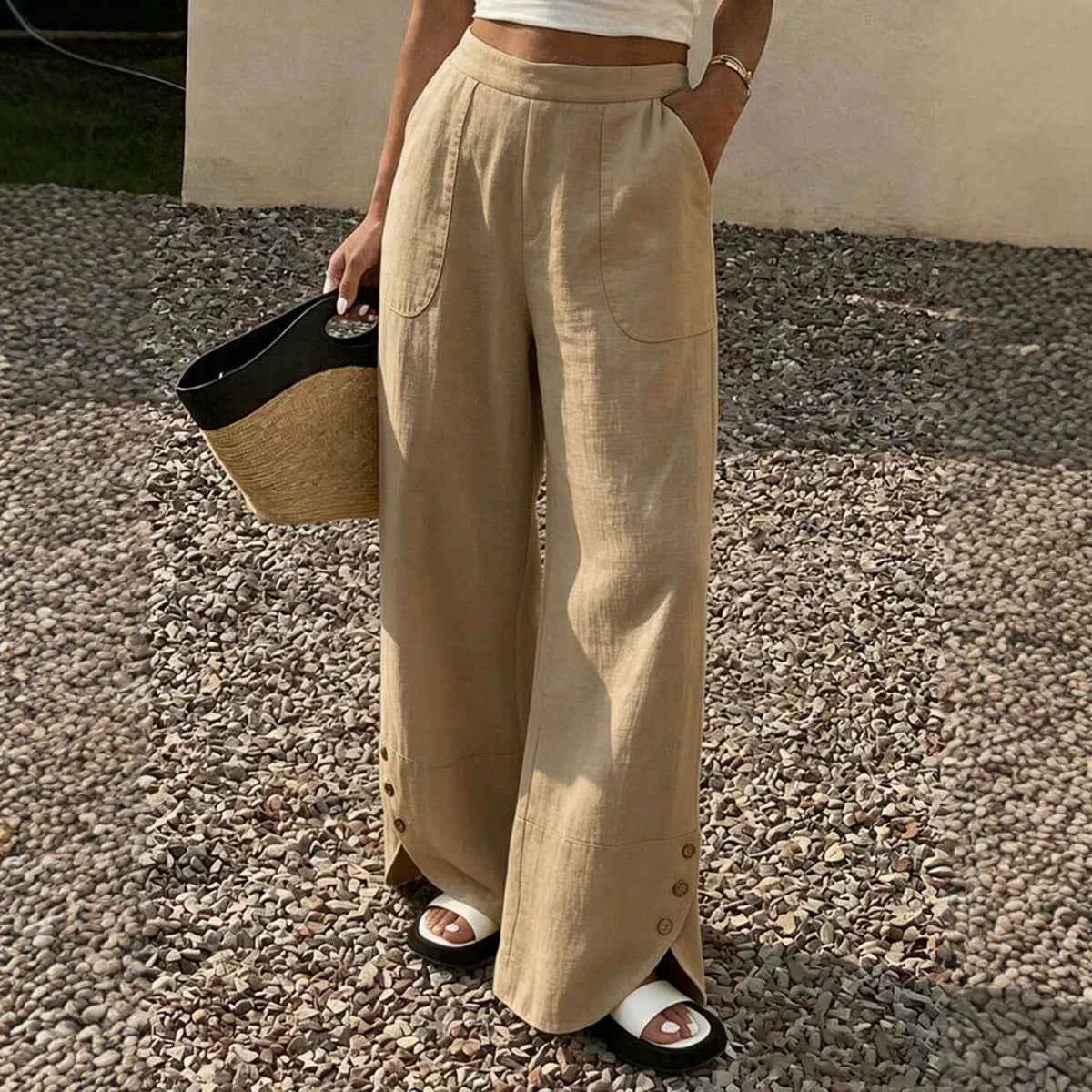Womens Solid-color Loose-fit Straight-leg Casual Wide-leg Pants With Pockets