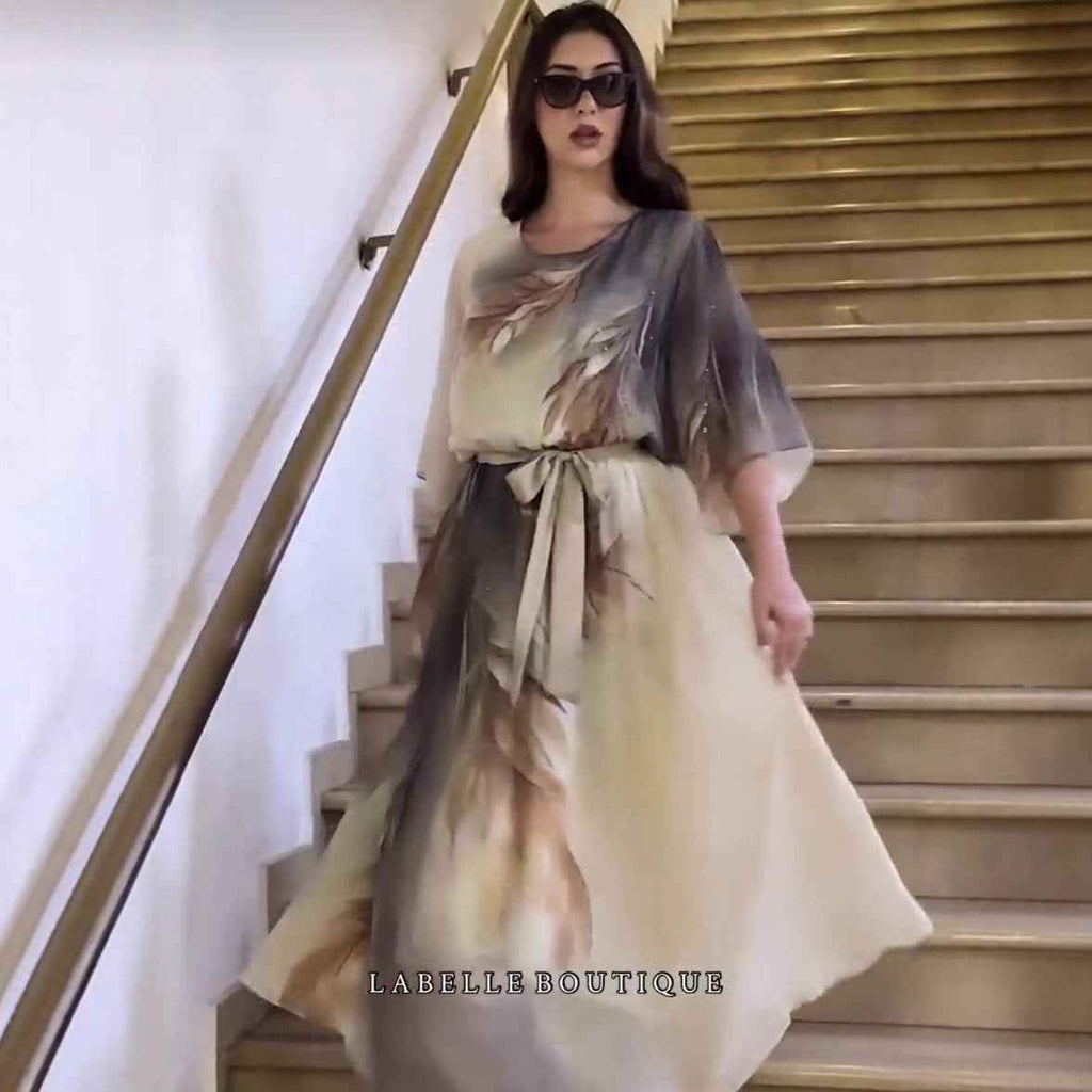 3D Floral Print A-Line Midi Dress with 3/4 Sleeves
