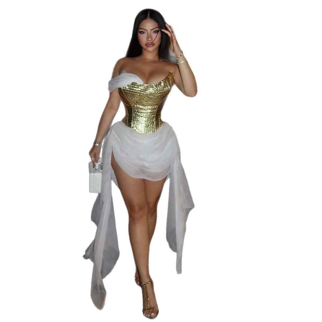 Womens Shiny Mesh-spliced Fashion Dress With Flowing Ribbons