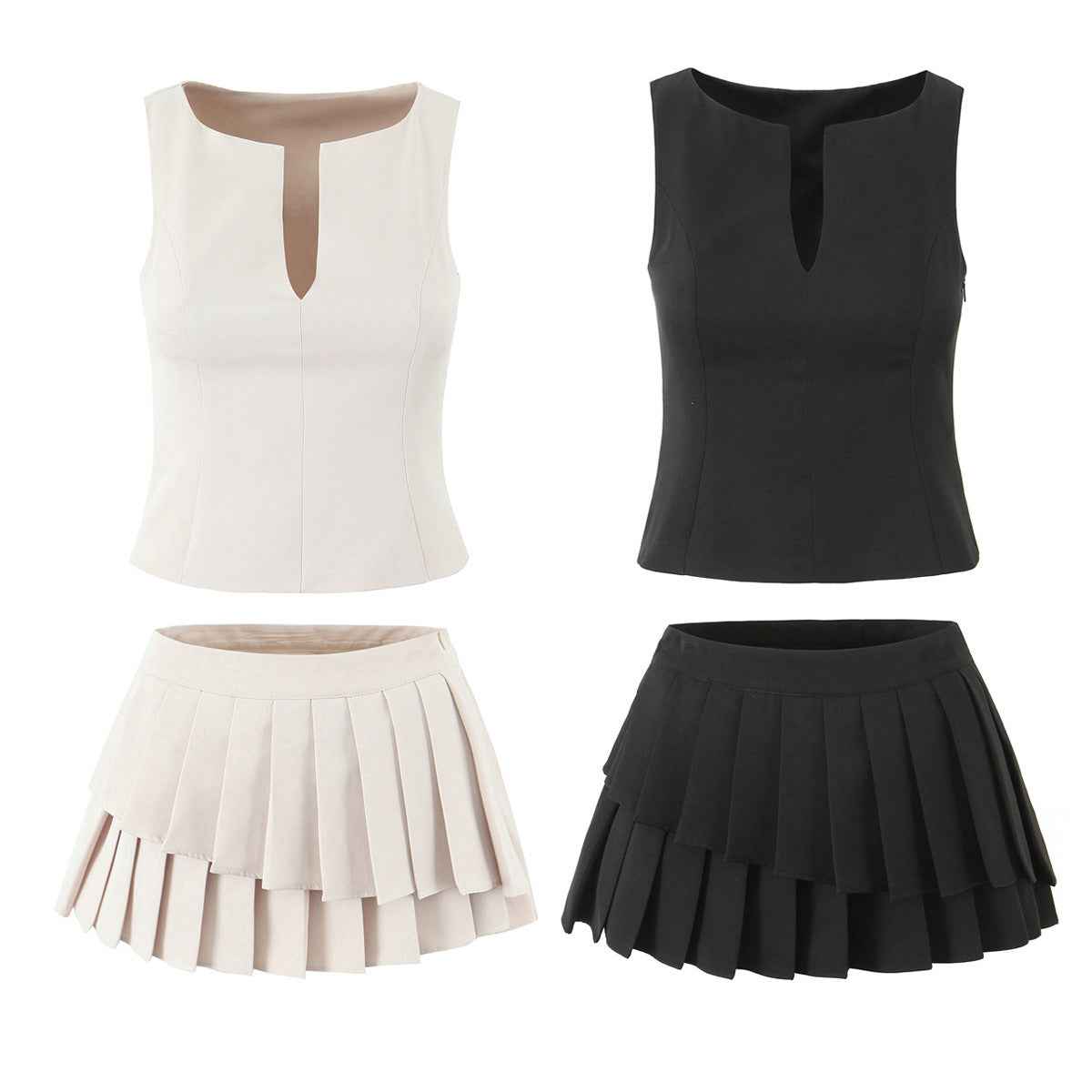 Asymmetric Spandex Tank Top & Mini Skirt Set — Black & Beige, S–L