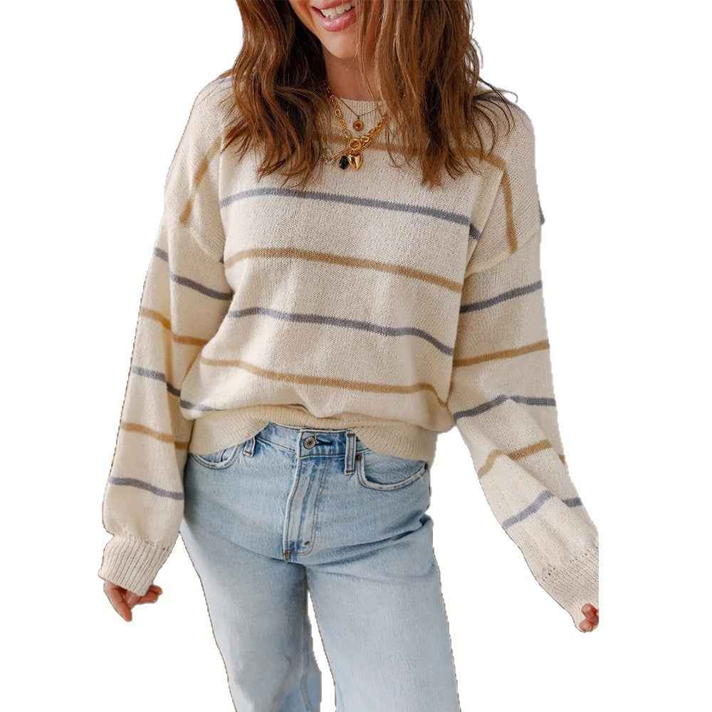 Contrast-Colour Striped Patchwork Loose Pullover Sweater