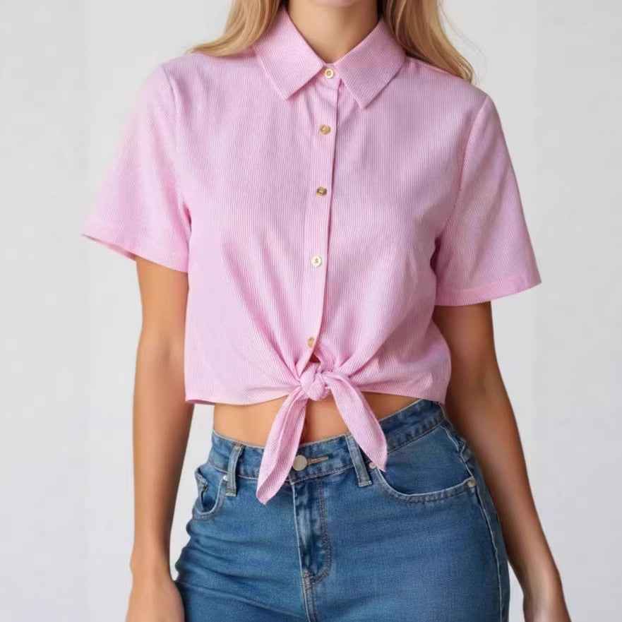 Women's Cropped Short-Sleeve Lapel Blouse