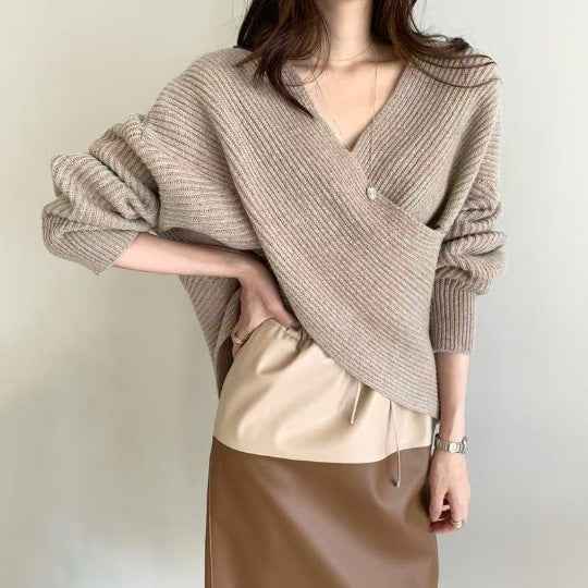 V-neck Solid-color Off-shoulder Knit Pullover For Women