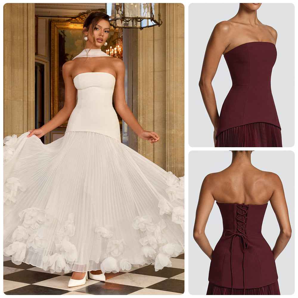 Three-dimensional Petal-style Strapless Floor-length Waist-cinching Dress