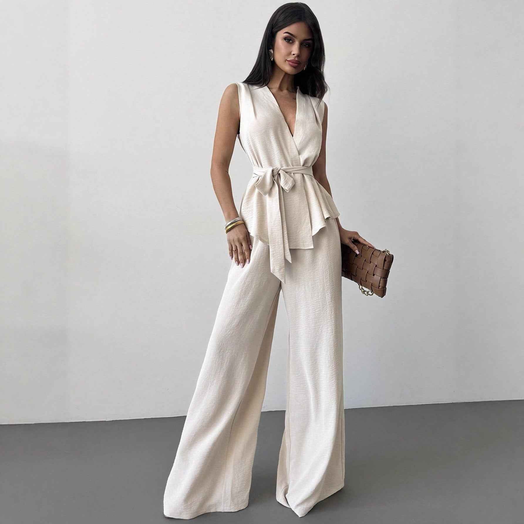 Lace-Up V-Neck Vest & Wide-Leg Trousers Set — Apricot & Khaki, S–XL