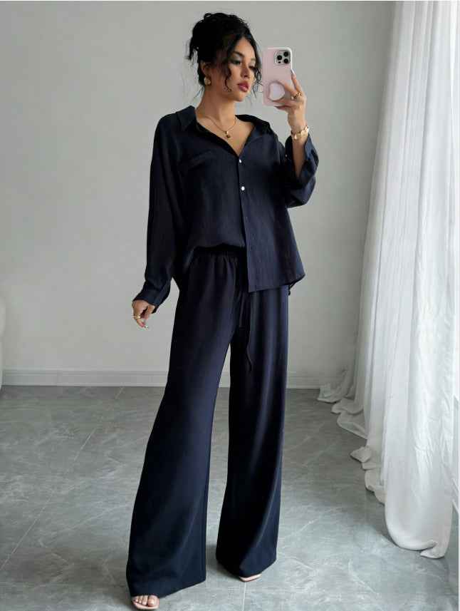Plus-Size Asymmetric Shirt & High-Waist Wide-Leg Pants – Women’s Casual Two-Piece