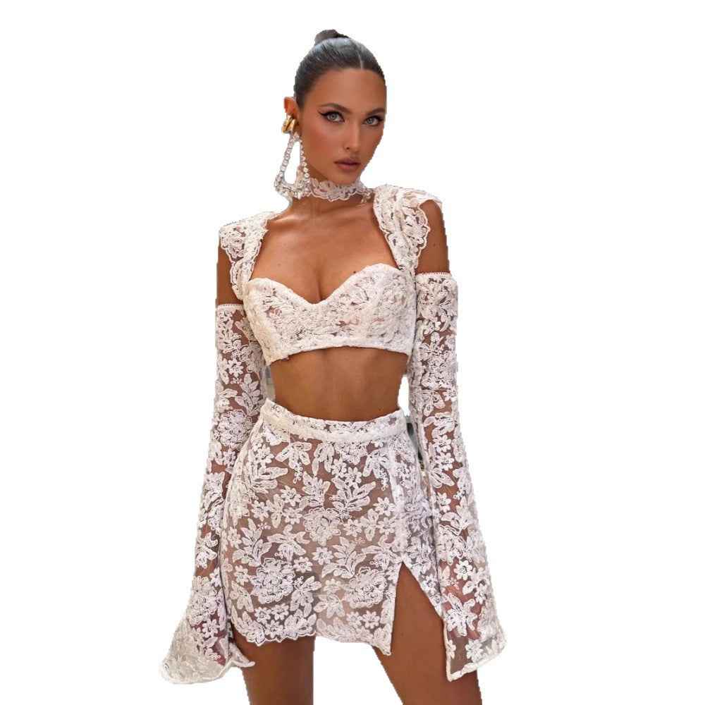 Sexy Sheer Flared-sleeve Top And Skirt Set