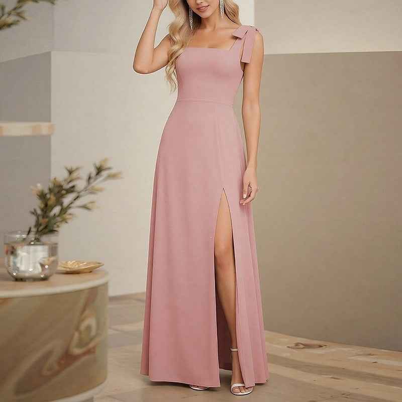 Square Neck Bow Shoulder Slit Maxi Evening Gown