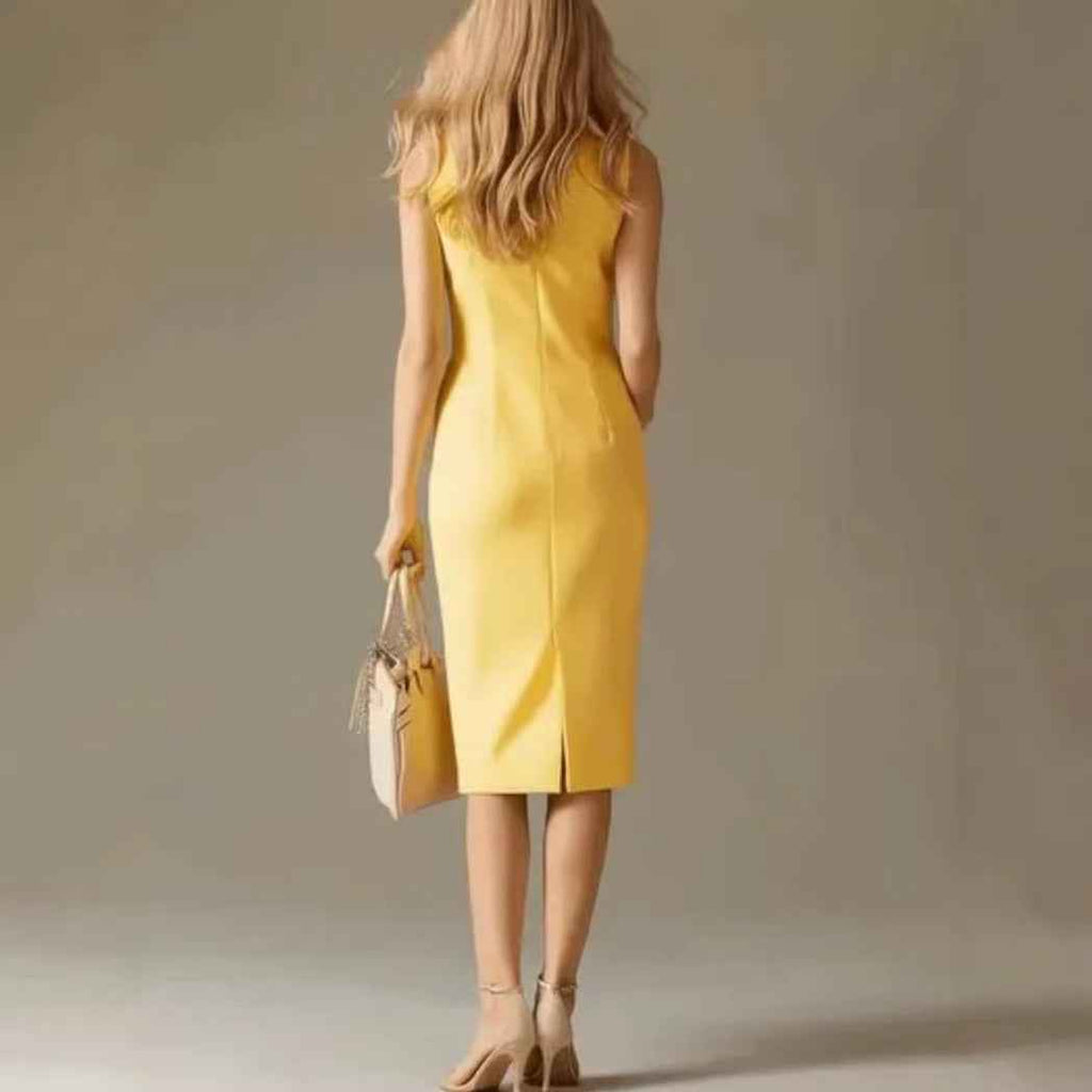 Colour-Block Stand Collar A-Line Midi Dress – Zip Closure