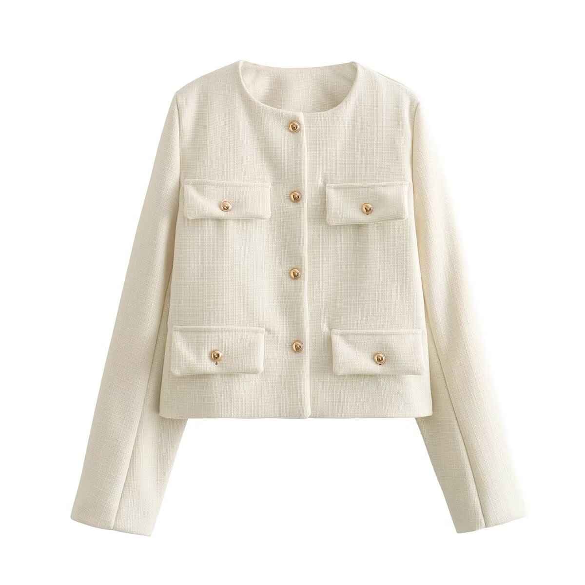 Cropped Crew-Neck Jacket with Pockets