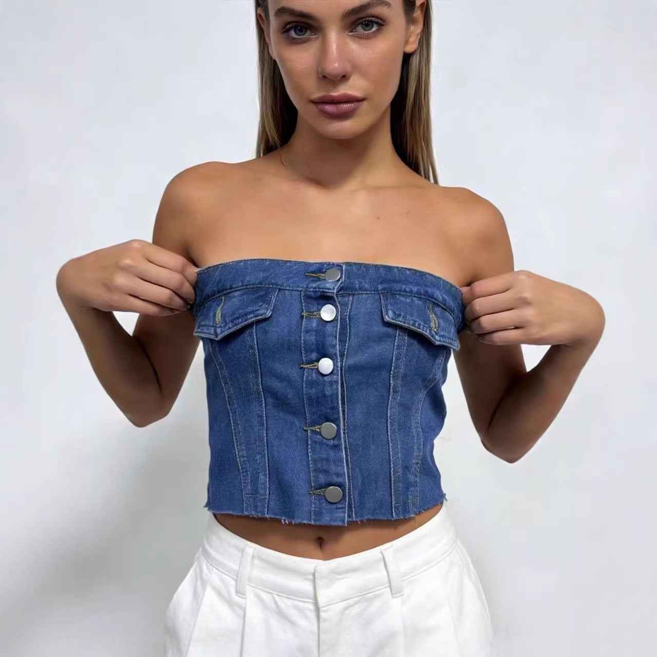 Womens Short Blue Slim-fit Denim Tube Top