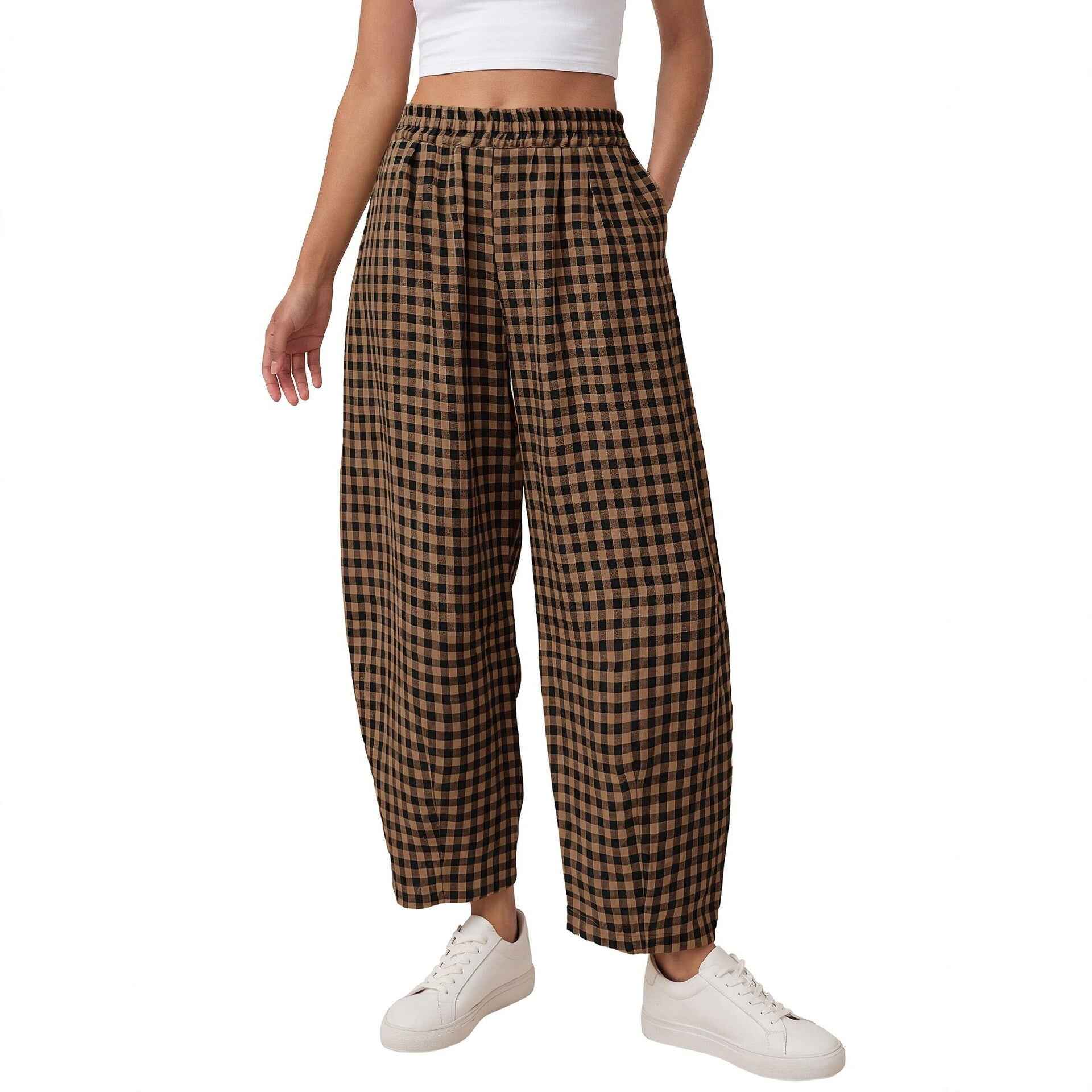 Plaid Knit Elastic-Waist Cropped Trousers