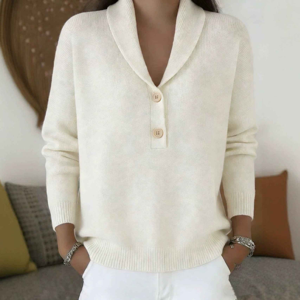 Polo Neck Knit Sweater – Loose Fit Button Detail Pullover