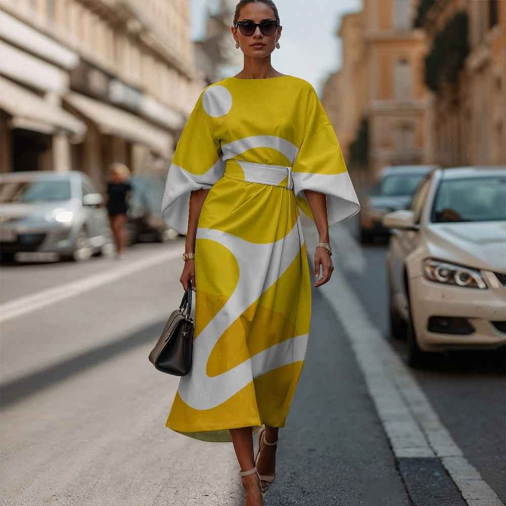 3D Printed High-Waist 3/4-Sleeve Dress — Casual, 6 Styles