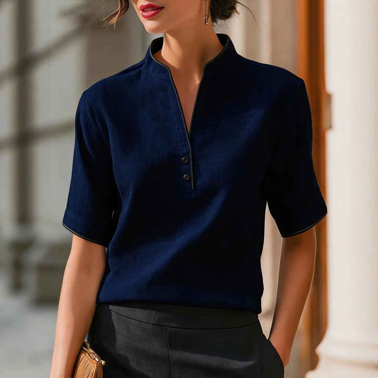 V-Neck Short Sleeve Pullover Top – Slim Fit Commuter