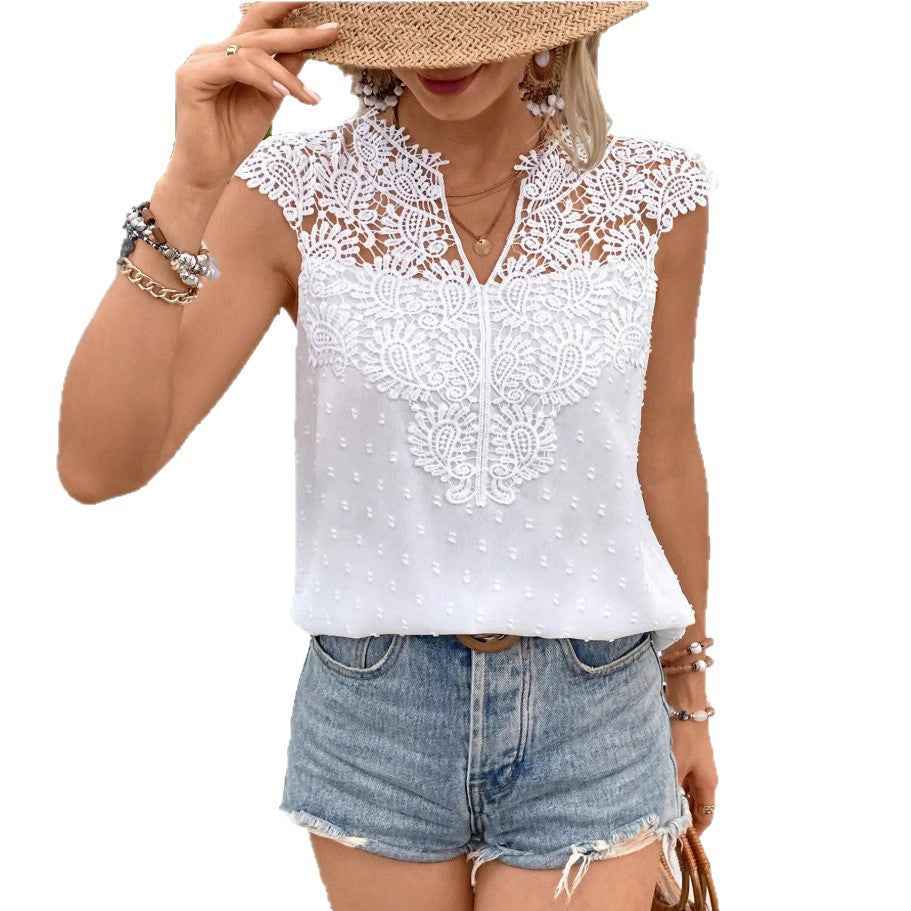 Women's Jacquard V-Neck Lace-Trim Sleeveless Vest Top — White, S–2XL