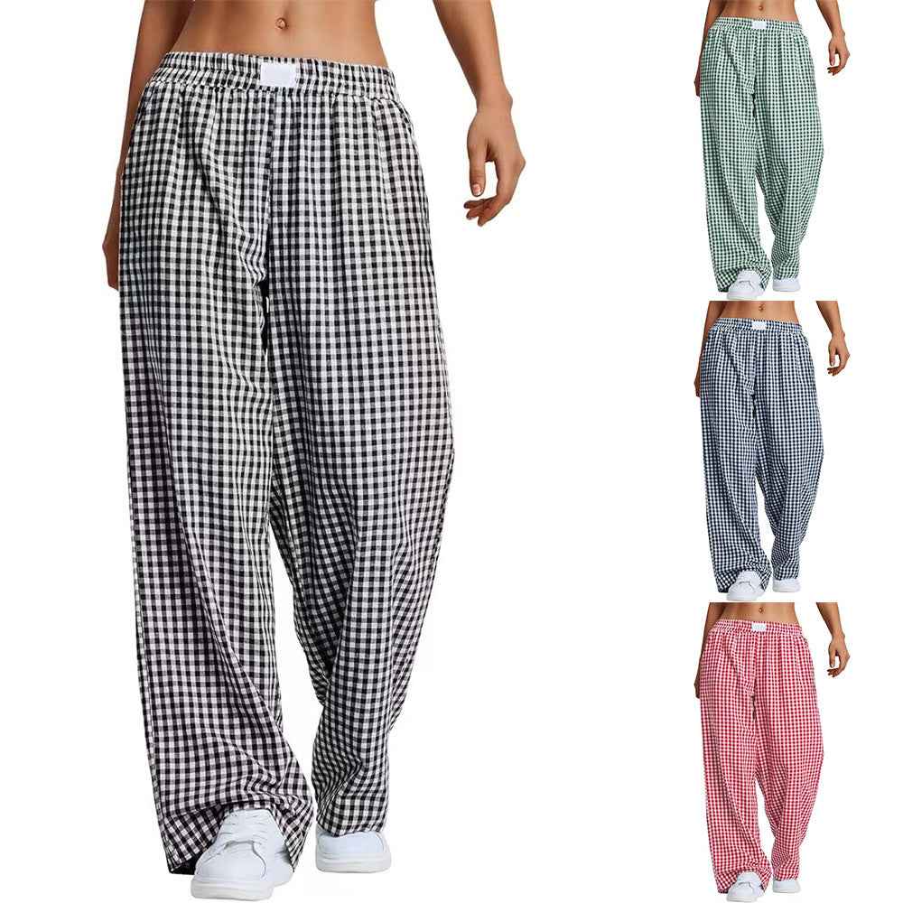 Women's Plaid Elastic-Waist Full-Length Lounge Trousers