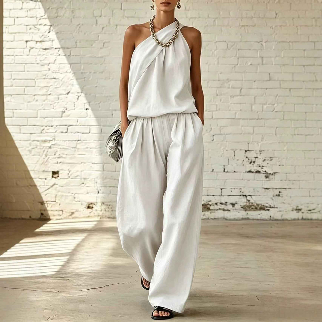 Cotton-Linen Pleated Sleeveless Double-Layer Top & Wide-Leg Pants Elegant Two-Piece Set