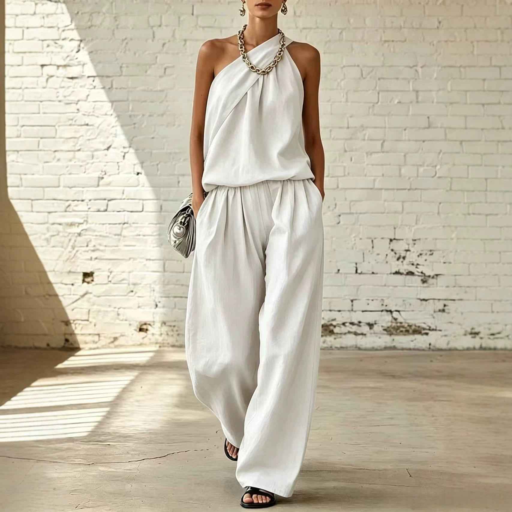 Cotton-Linen Pleated Sleeveless Double-Layer Top & Wide-Leg Pants Elegant Two-Piece Set