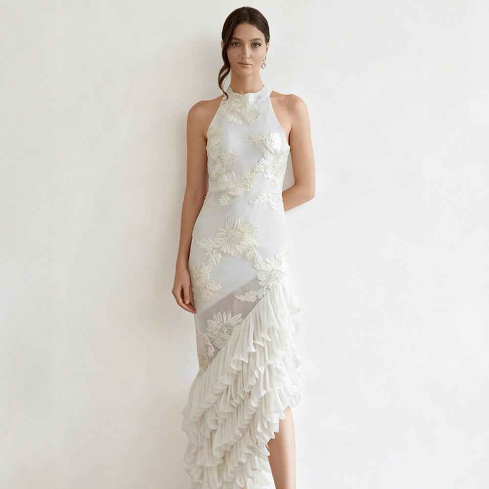 Sleeveless Off-Shoulder Embroidery Ruffle Dress