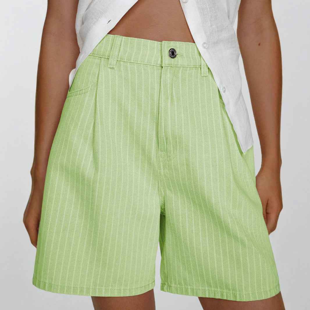 Fashionable Casual Striped Loose-fit High-waisted Plus-size Denim Shorts