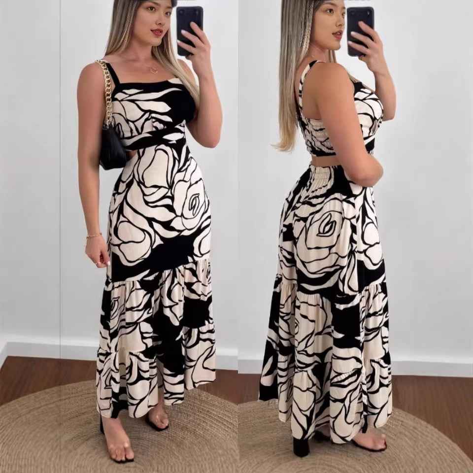 Women's Printed Spaghetti Strap Midi Dress — Flared Skirt